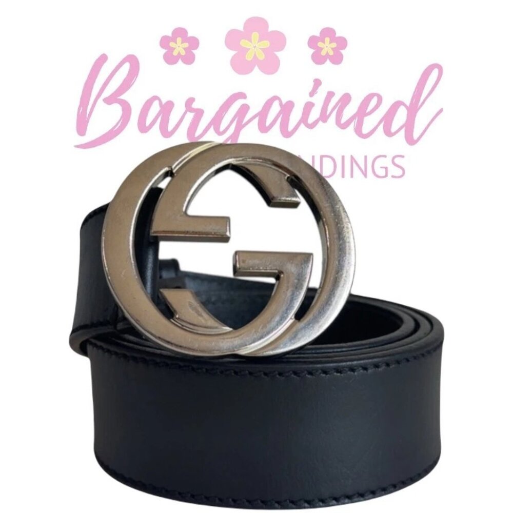 Authentic Gucci Black Leather Silver Interlocking G Buckle Belt Size 85/34